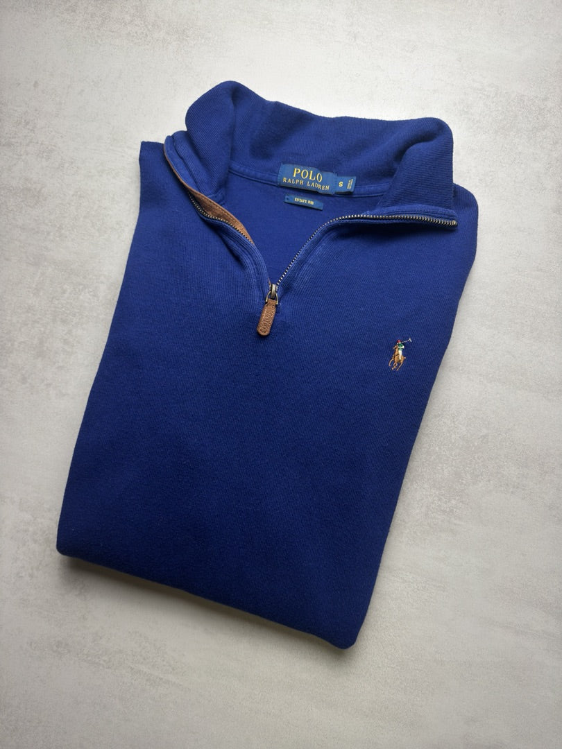 Pull 1/4 zip half zip camionneur col zippé en maille bleu Ralph Lauren pour homme M353