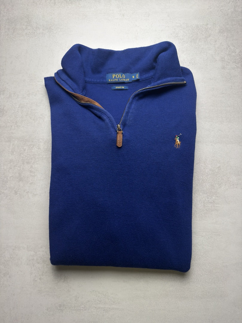 Pull 1/4 zip half zip camionneur col zippé en maille bleu Ralph Lauren pour homme M353