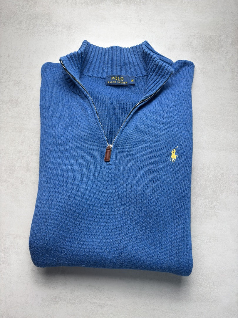 Pull bleu homme M 1/4 zip half zip col zippé en maille cable knit homme old money M396