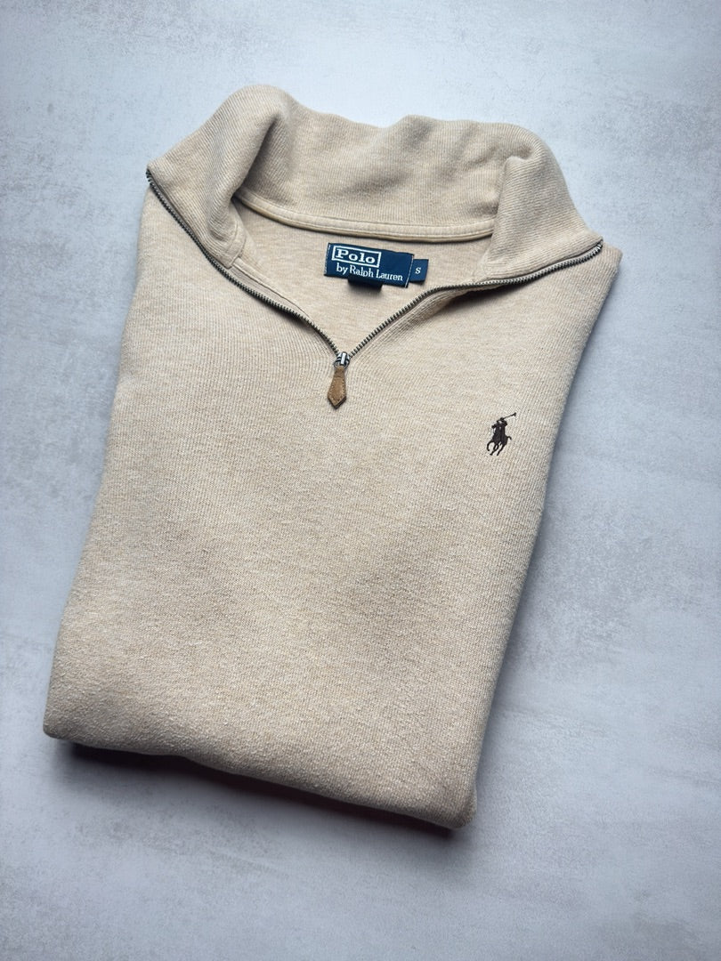 Pull beige homme S 1/4 zip half zip camionneur col zippé old money M407