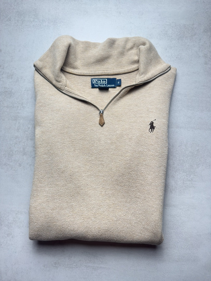 Pull beige homme S 1/4 zip half zip camionneur col zippé old money M407