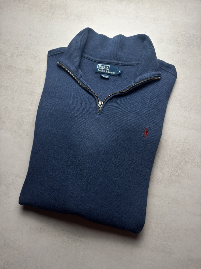 Pull 1/4 zip half zip homme M camionneur en maille bleu avec col zippé Polo Ralph Lauren M408