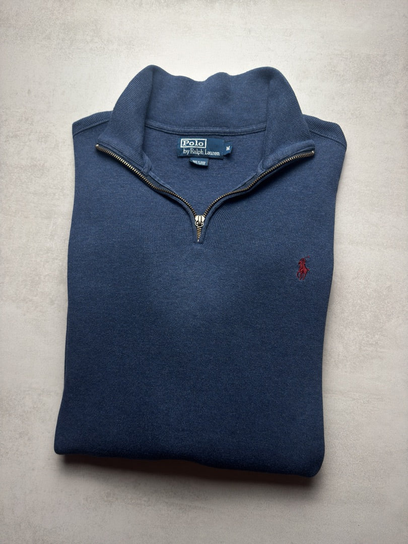 Pull 1/4 zip half zip homme M camionneur en maille bleu avec col zippé Polo Ralph Lauren M408