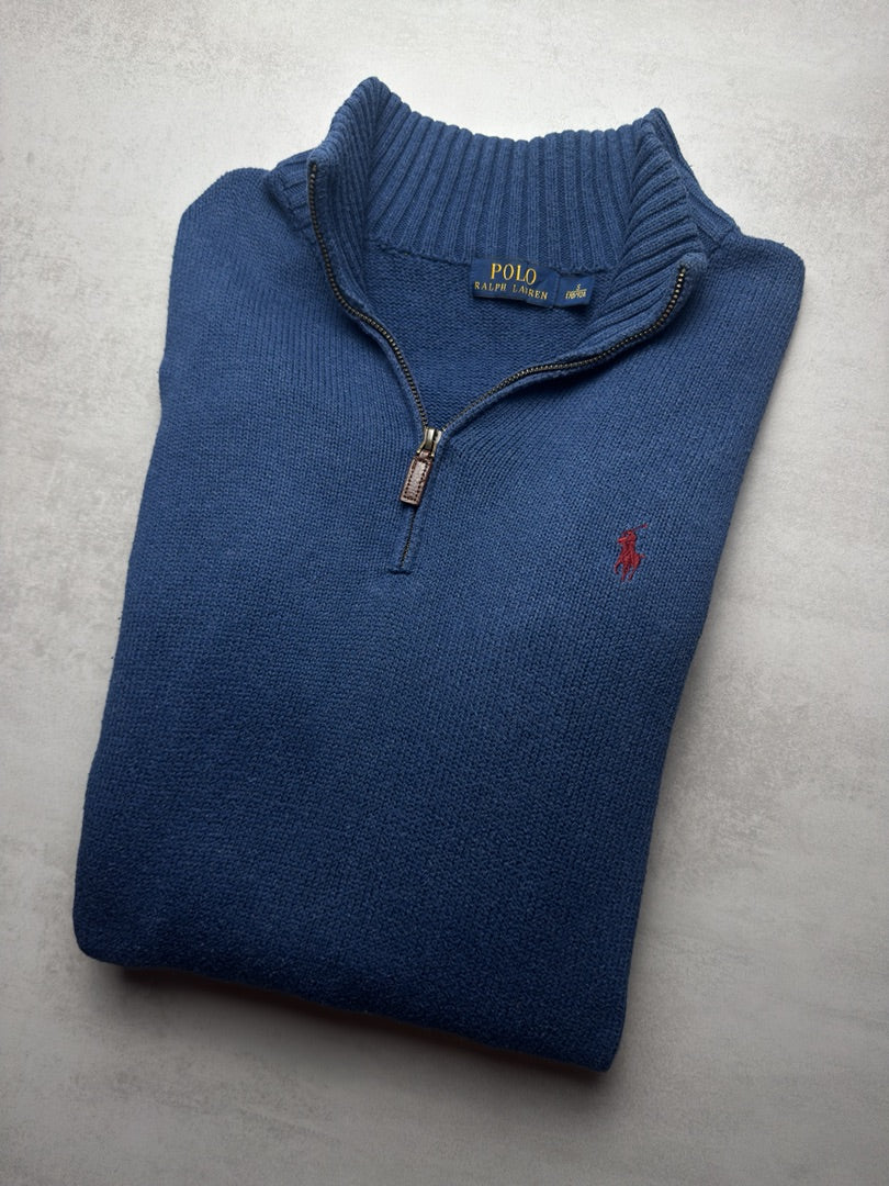 Pull 1/4 zip half zip camionneur col zippé bleu logo brodé rouge homme S old money M417