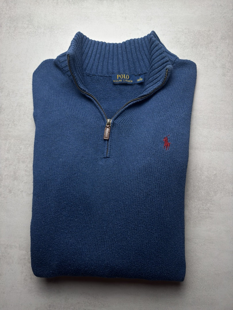 Pull 1/4 zip half zip camionneur col zippé bleu logo brodé rouge homme S old money M417