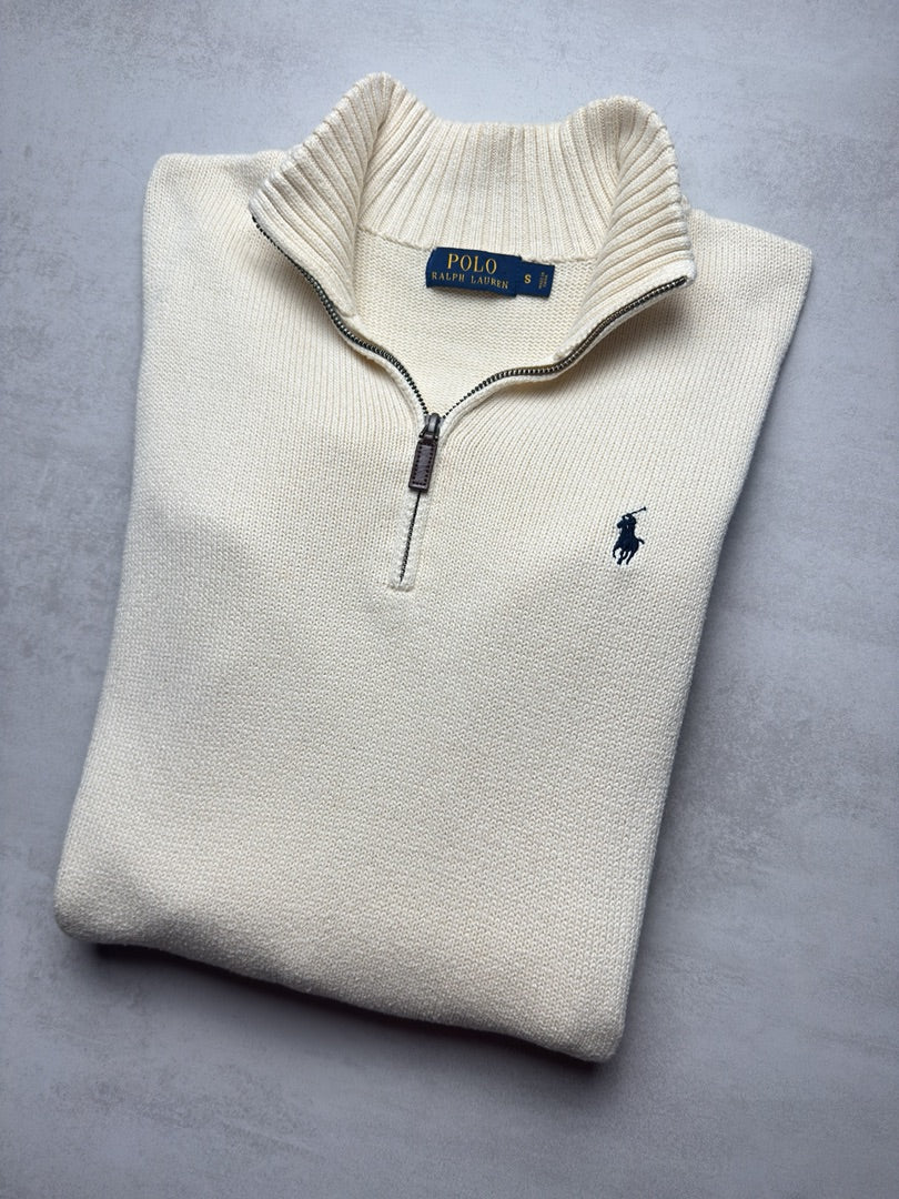Pull col zippé beige blanc crème homme S 1/4 zip half zip camionneur brodé homme old money M412