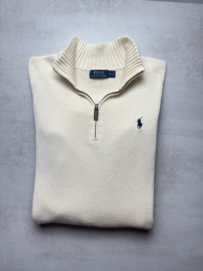 Pull col zippé beige blanc crème homme S 1/4 zip half zip camionneur brodé homme old money M412