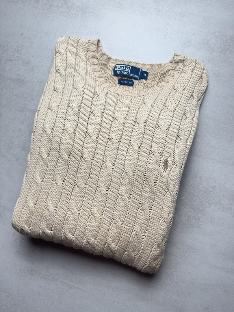 Pull beige crème torsadé en maille cable knit homme M old money M413