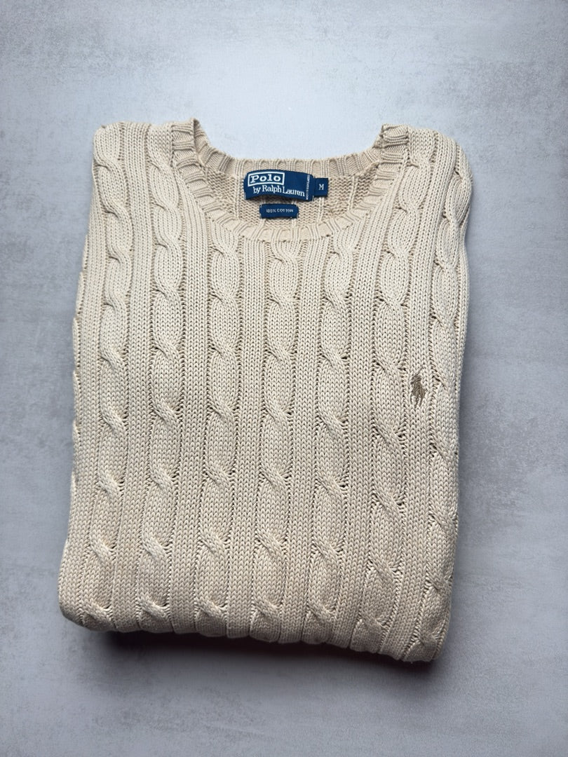 Pull beige crème torsadé en maille cable knit homme M old money M413