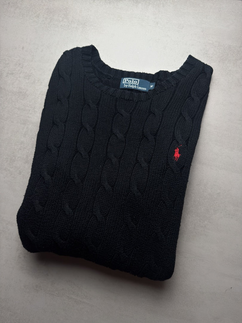 Pull torsadé cable knit logo rouge brodé en maille noir homme M Polo Ralph Lauren old money M415