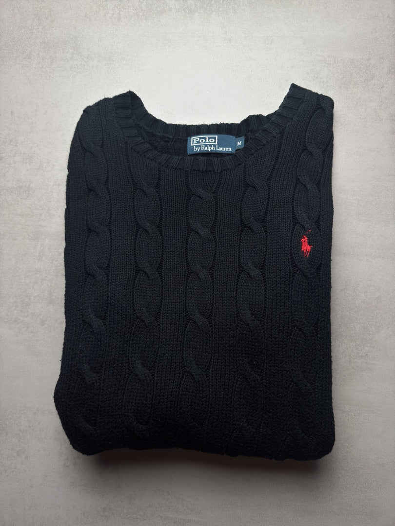 Pull torsadé cable knit logo rouge brodé en maille noir homme M Polo Ralph Lauren old money M415