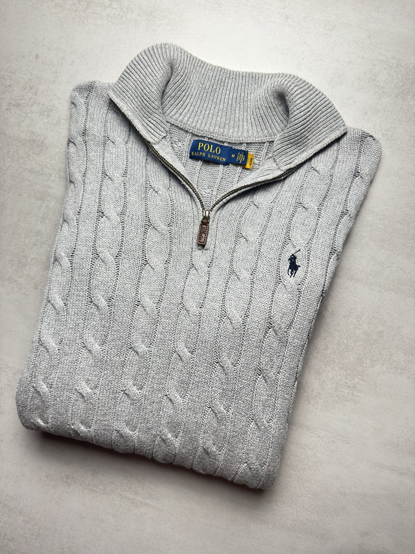 Pull combo col zippé 1/4 zip half zip camionneur torsadé en maille cable knit homme M old money M417