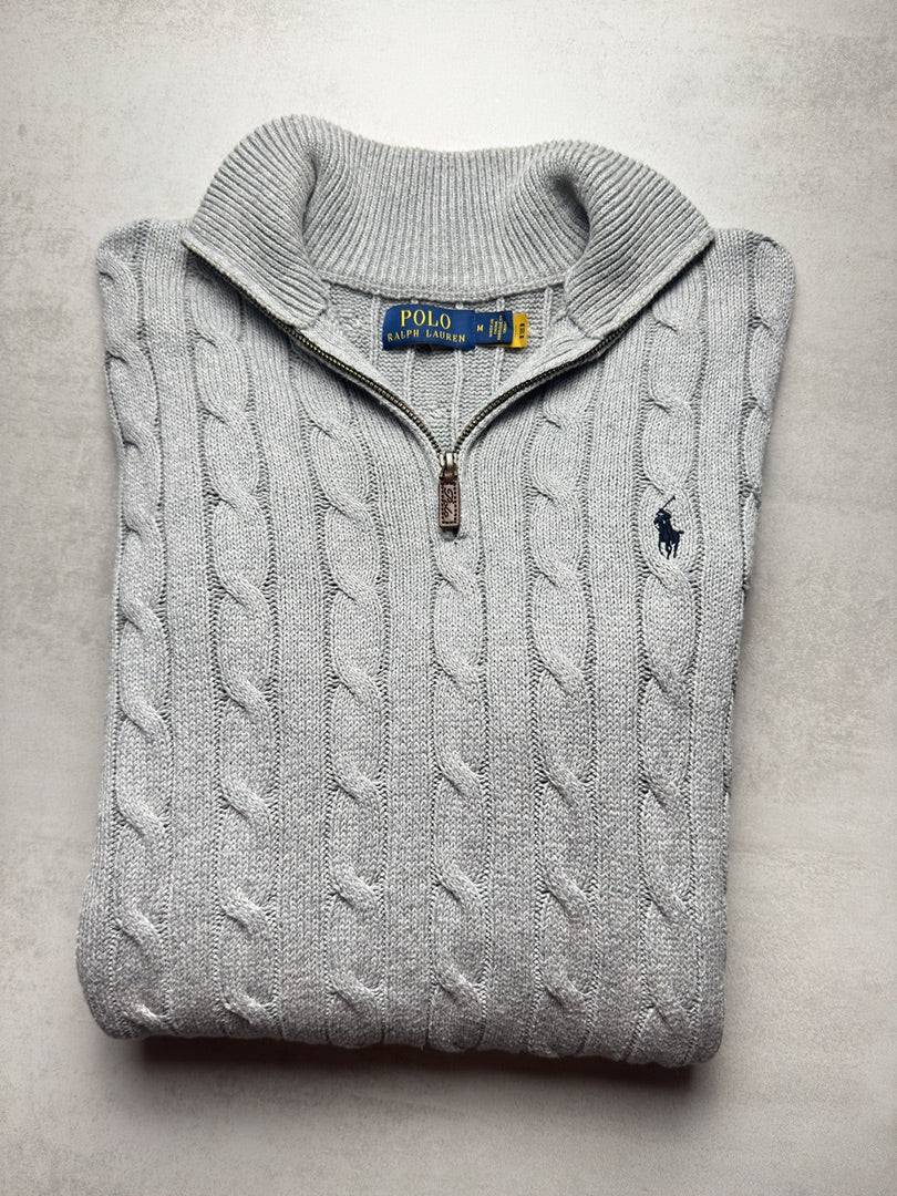 Pull combo col zippé 1/4 zip half zip camionneur torsadé en maille cable knit homme M old money M417