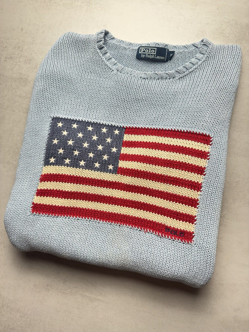 Pull flag drapeau USA bleu clair crewneck en maille cable knit homme S Lin coton old money M418