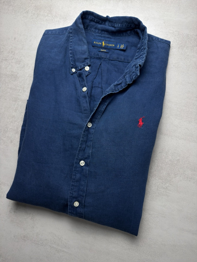 Chemise homme L slim fit en lin Linen bleu marine logo rouge brodé slim fit Ralph Lauren homme S304
