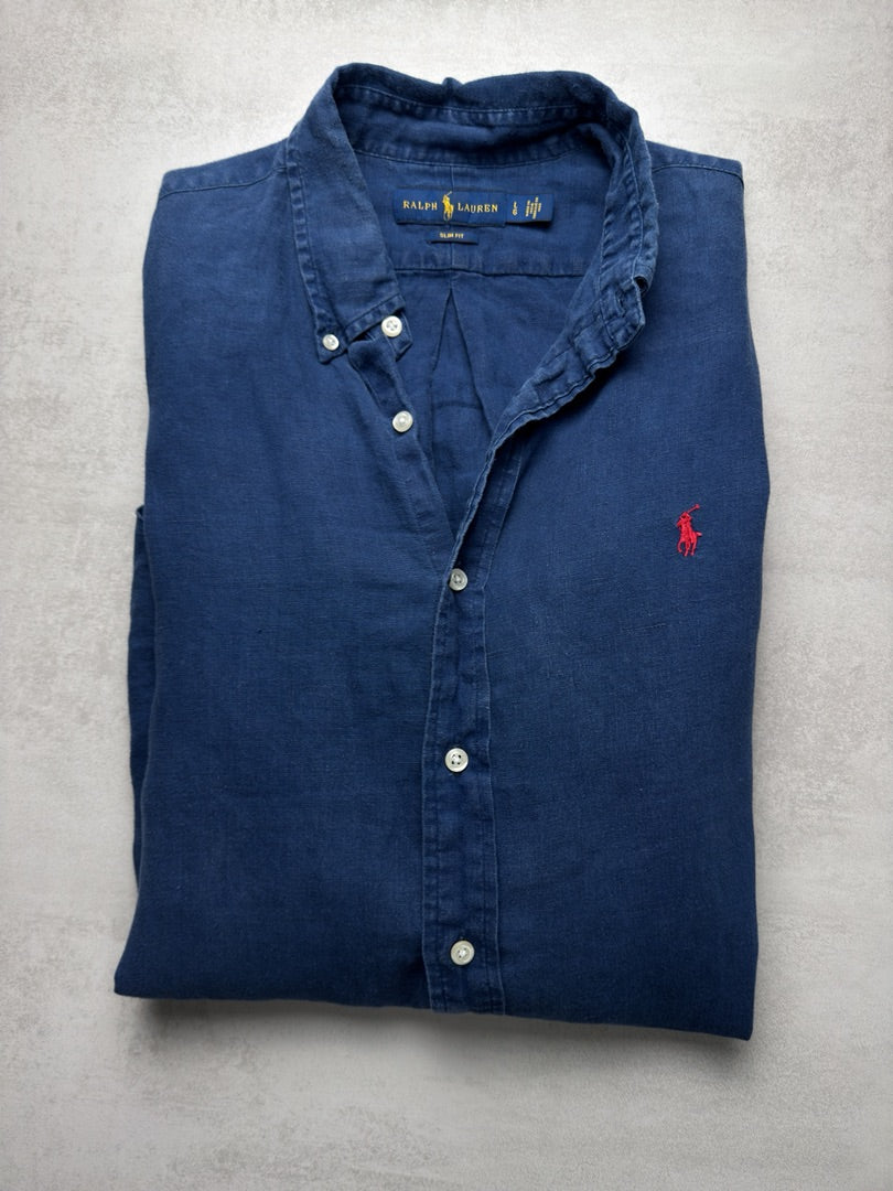 Chemise homme L slim fit en lin Linen bleu marine logo rouge brodé slim fit Ralph Lauren homme S304