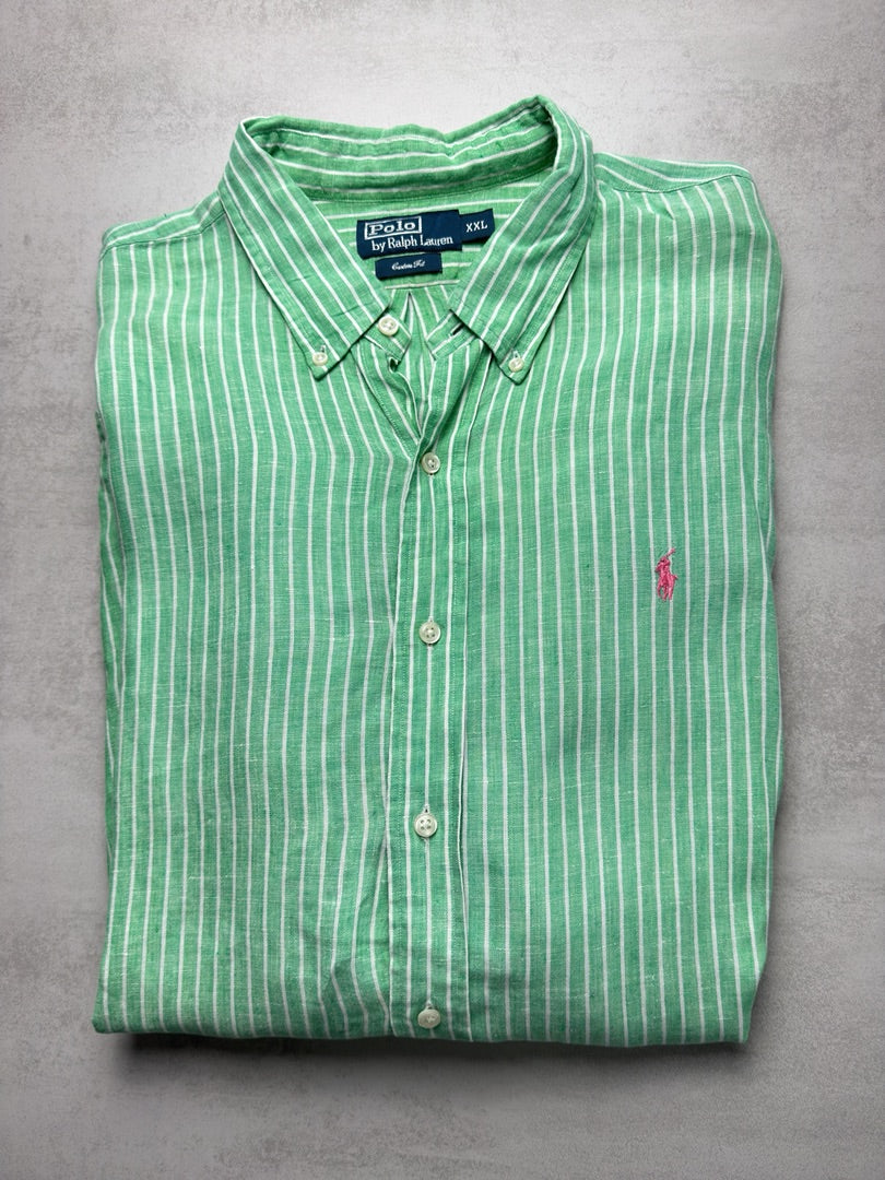 Chemise linen à rayures vert menthe rayée en lin vert Ralph Lauren homme XXL S305