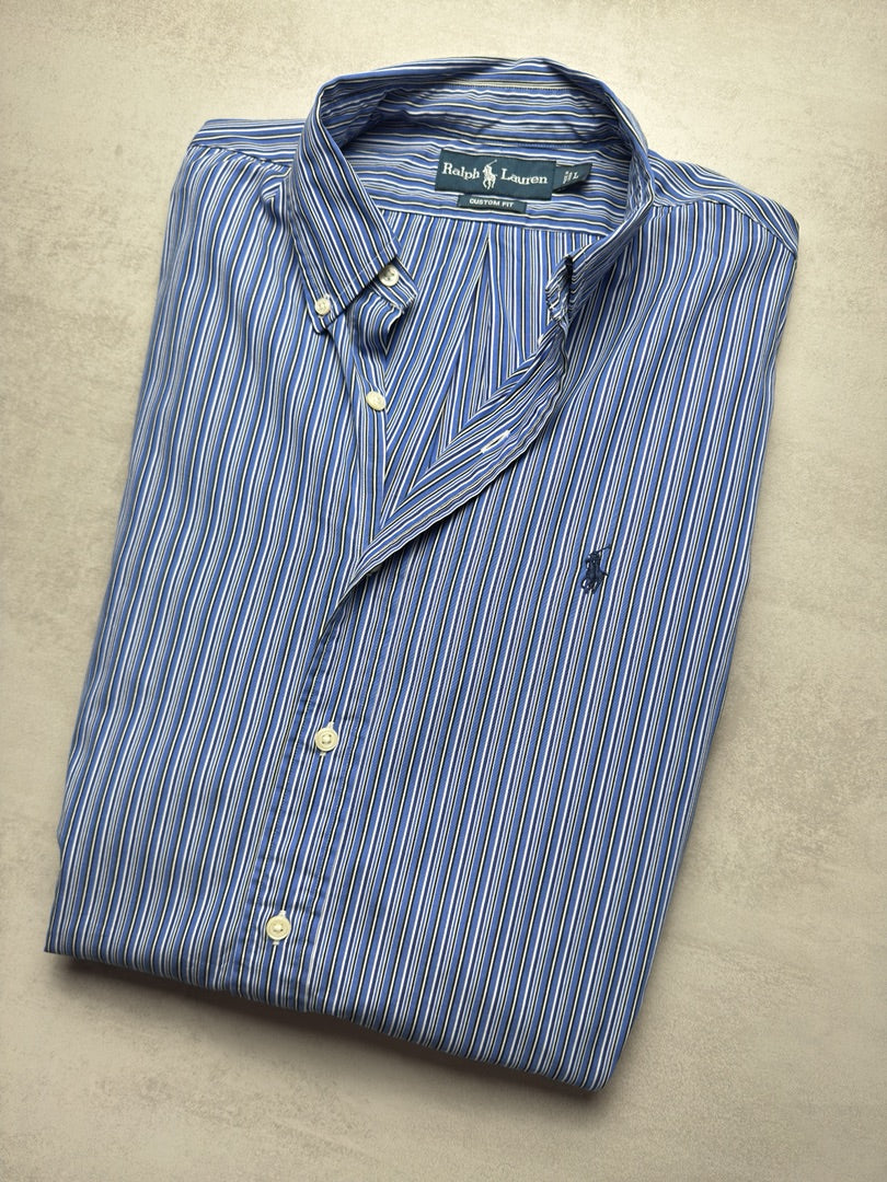 Chemise custom fit à rayures bleu clair homme L rayée Ralph Lauren homme custom fit S309