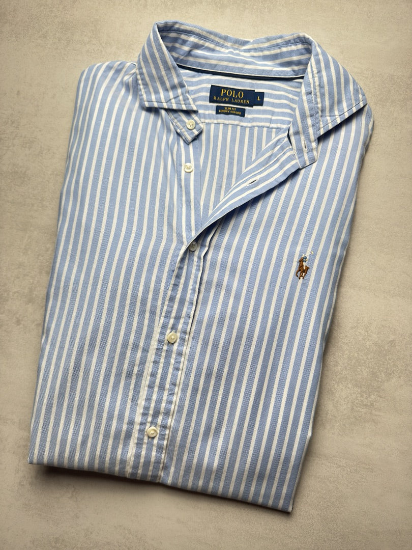 Chemise homme L à rayures bleu clair turquoise luxury Oxford rayée slim fit homme Ralph Lauren S322