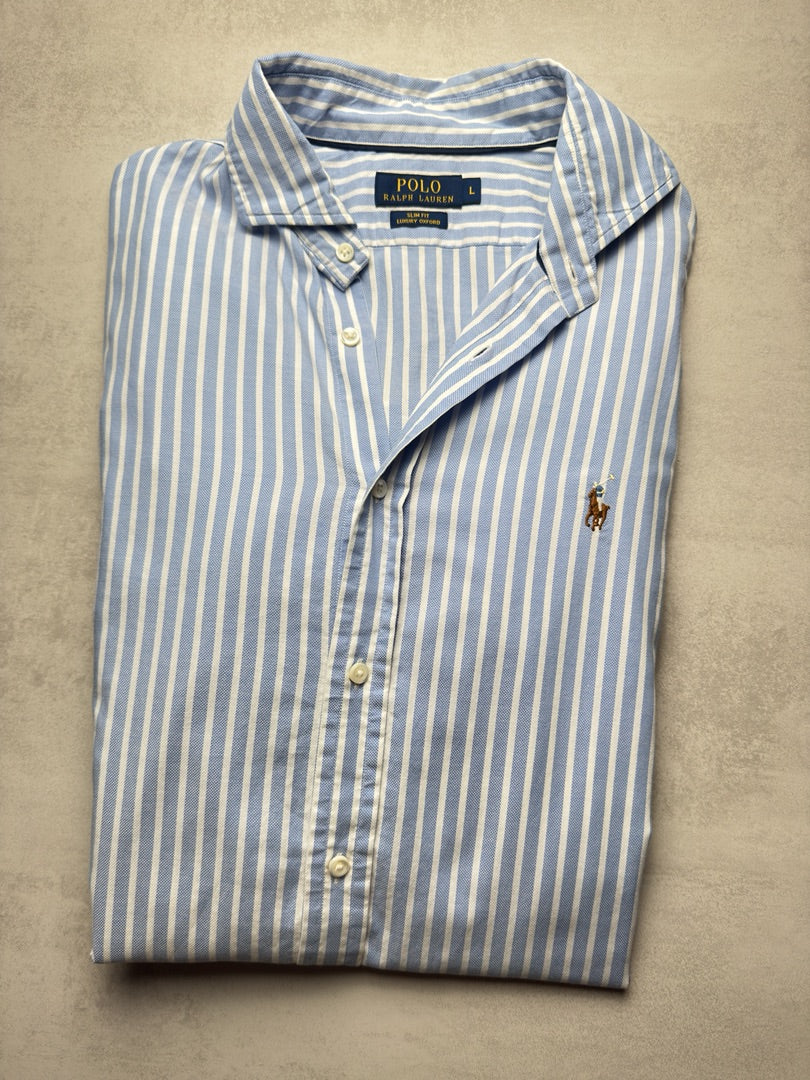 Chemise homme L à rayures bleu clair turquoise luxury Oxford rayée slim fit homme Ralph Lauren S322